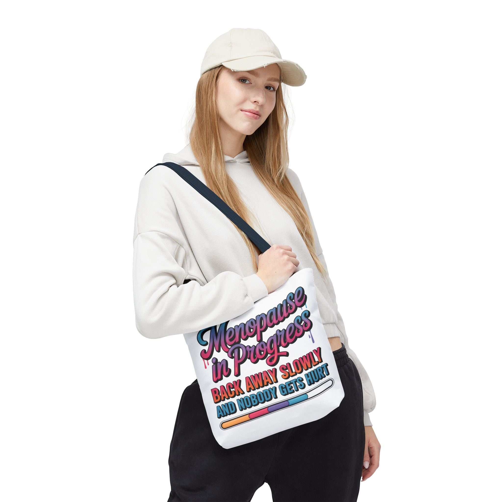 Menopause in Progress cheeky tote bag with durable spun polyester and multiple handle color options