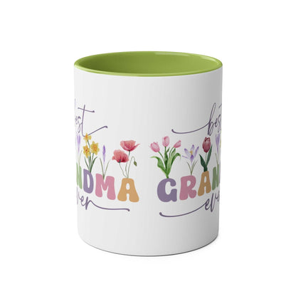 Best Grandma Ever mug with floral design, green interior, ceramic, 11oz, Mother's Day gift.