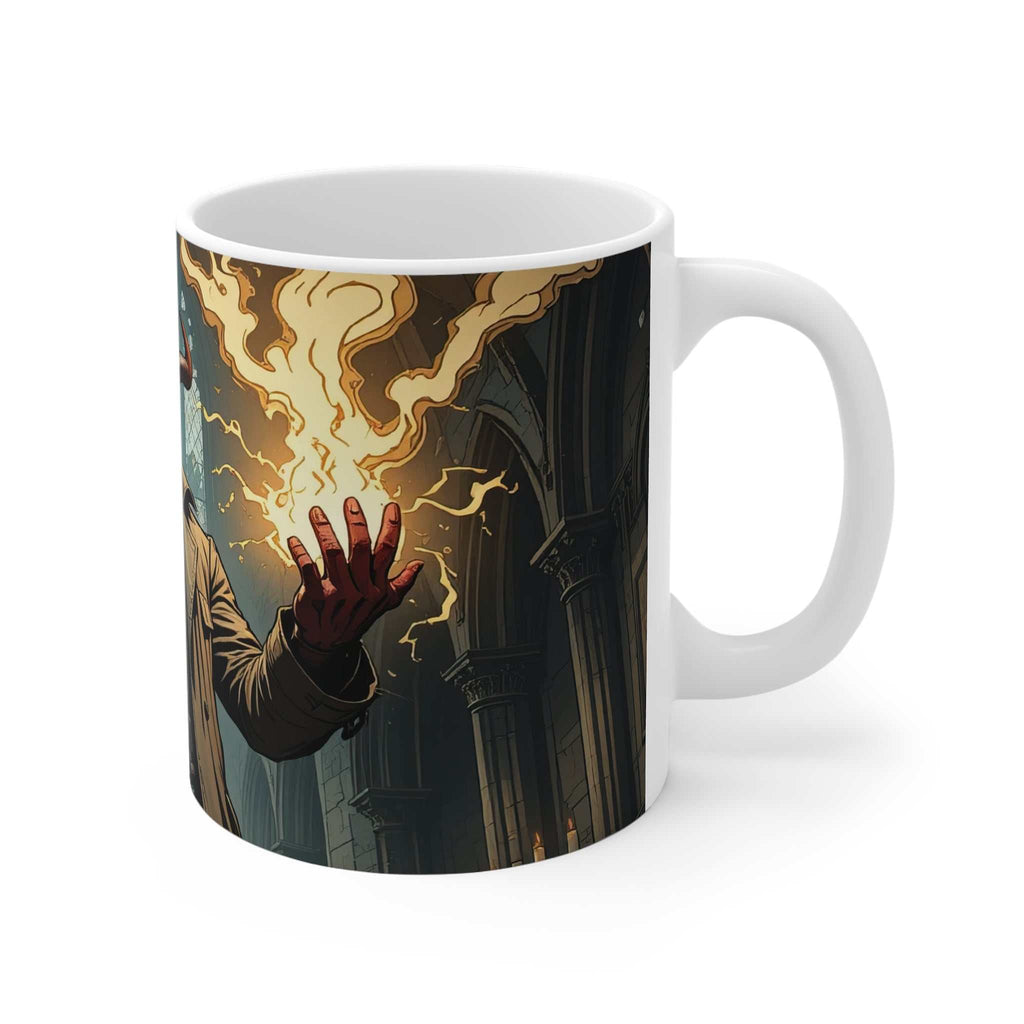 White ceramic Hellboy-inspired comic mug with a glossy finish featuring a demon hero design and mystical flames, microwave and dishwasher safe.