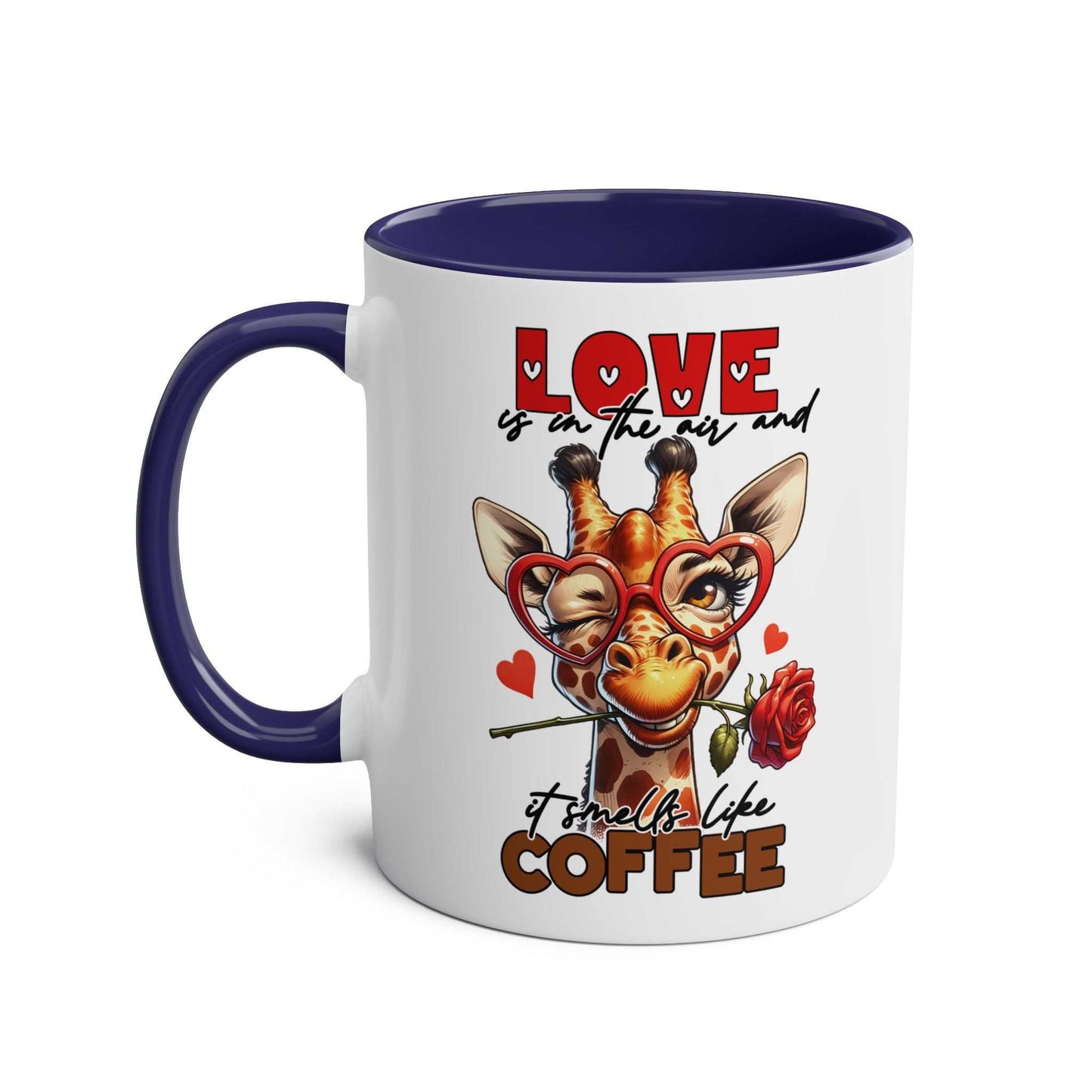 Playful giraffe design on Smells Like Coffee Mug with red hearts and rose, blue handle, 11oz ceramic.