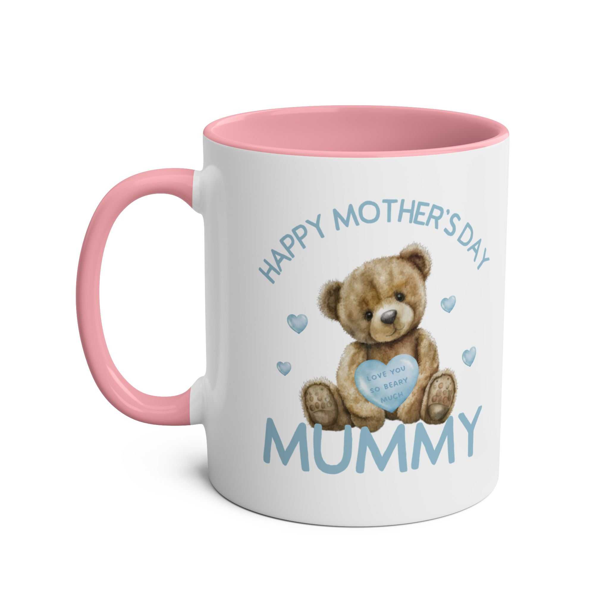 Cute Bear Mother's Day gift mug with adorable bear design, pink handle, and trim.