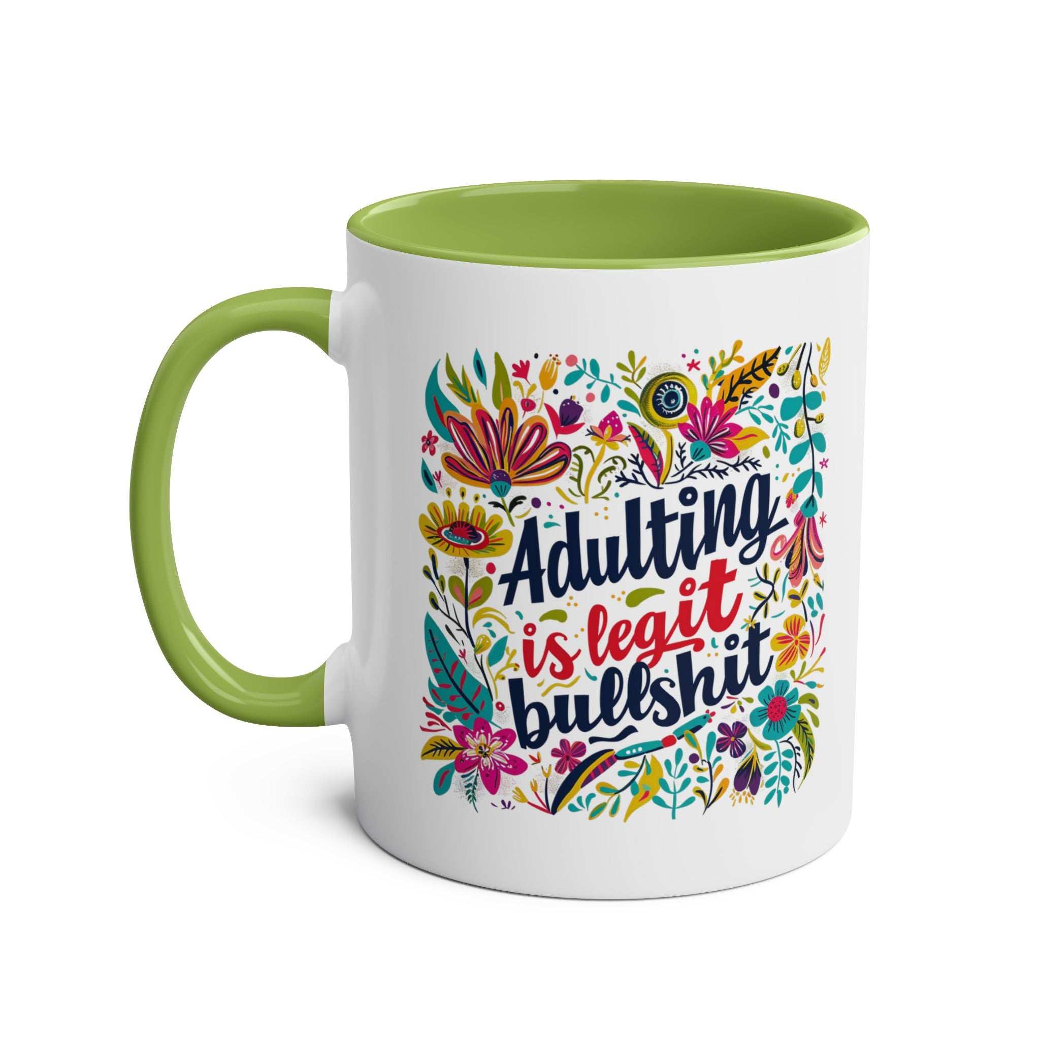 Colorful "Adulting Is Bullshit" coffee mug with floral design, featuring a glossy finish, 11oz ceramic, microwave and dishwasher safe.