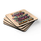 Cheeky coaster set with "Who The Fuck Asked You?" design, cork back, and high-gloss top.