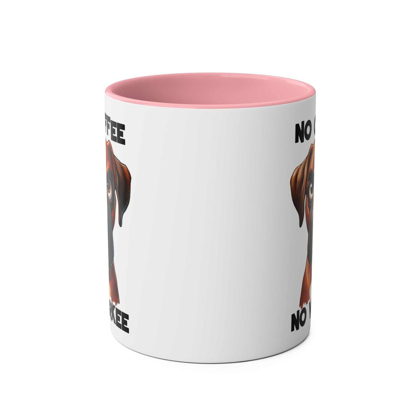 Sarky dog design on No Coffee No Workee Mug with pink interior. Ceramic, glossy finish, microwave and dishwasher safe.