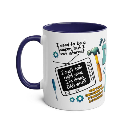 Fathers Day Gift Mug with humorous design and blue handle.