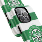 Celtic MagSafe iPhone Case with green and white stripes and club crest, dual-layer protection and wireless charging compatible