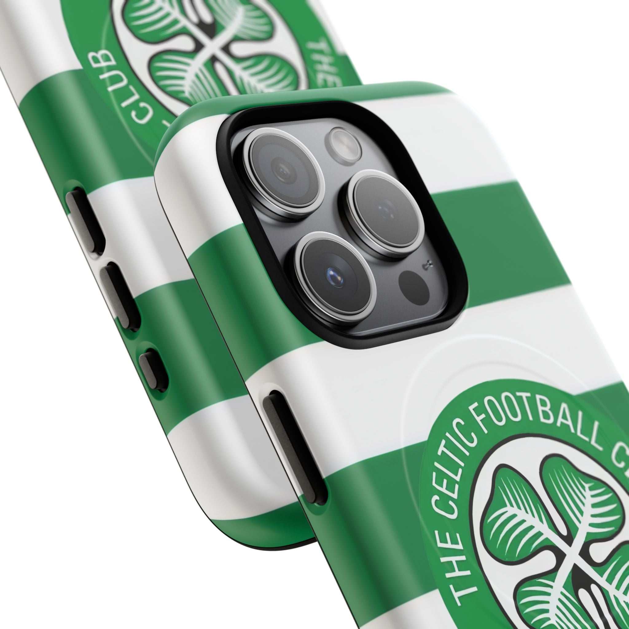 Celtic MagSafe iPhone Case with green and white stripes and club crest, dual-layer protection and wireless charging compatible