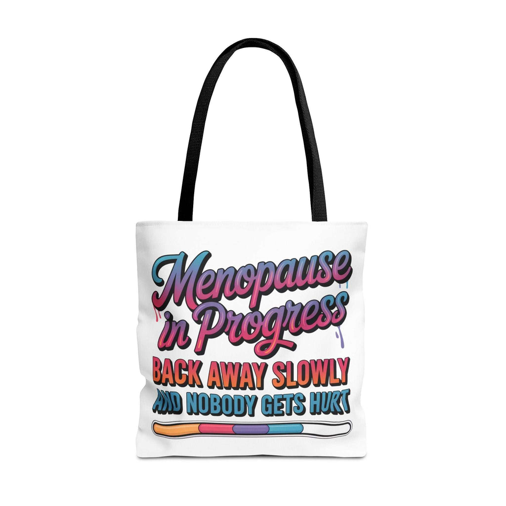 Menopause in Progress tote bag with cheeky design, durable polyester, multiple sizes, and handle color options