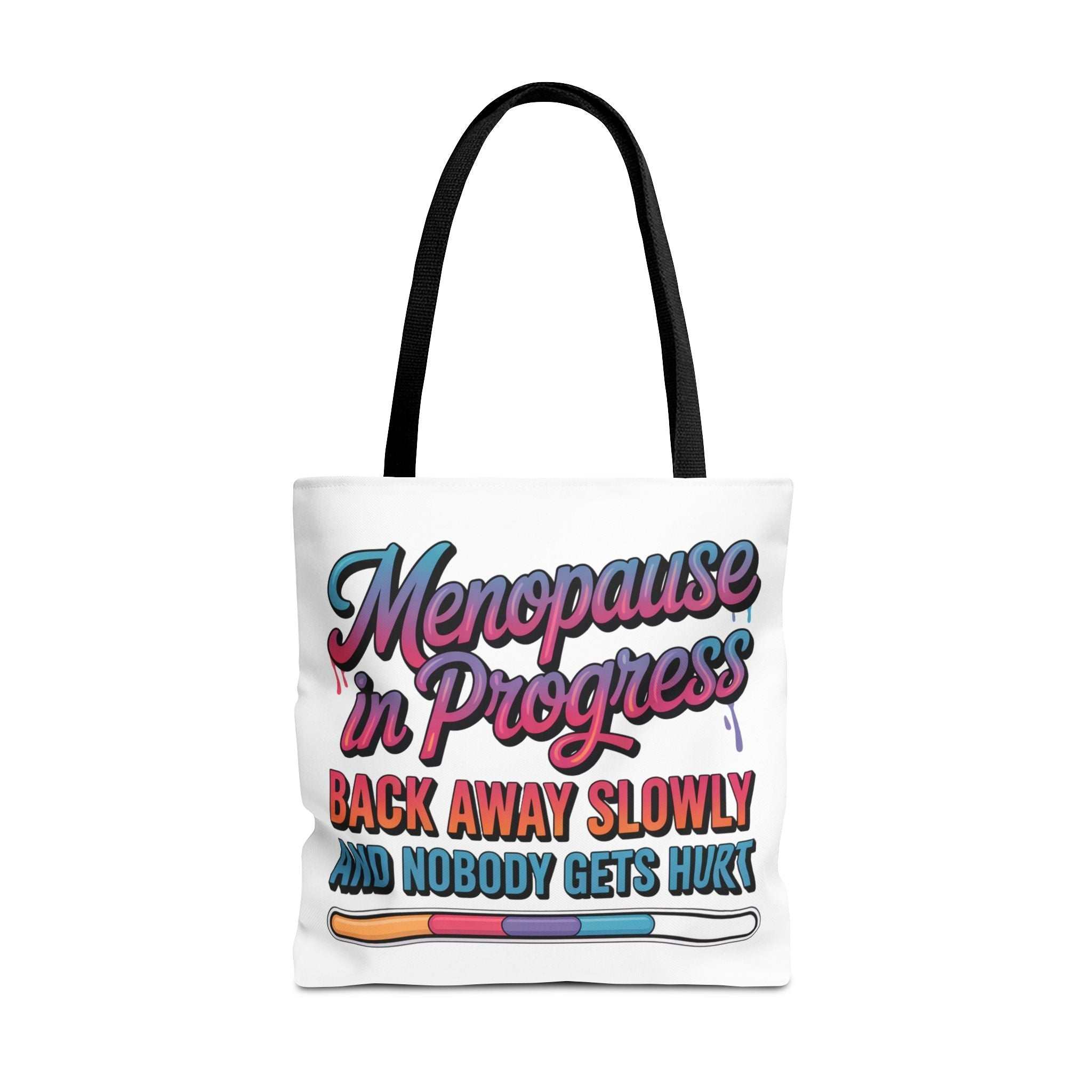 Menopause in Progress tote bag with cheeky design, durable polyester, multiple sizes, and handle color options