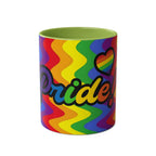 LGBTQ+ Pride mug with vibrant rainbow design, ceramic, 11oz, glossy finish.