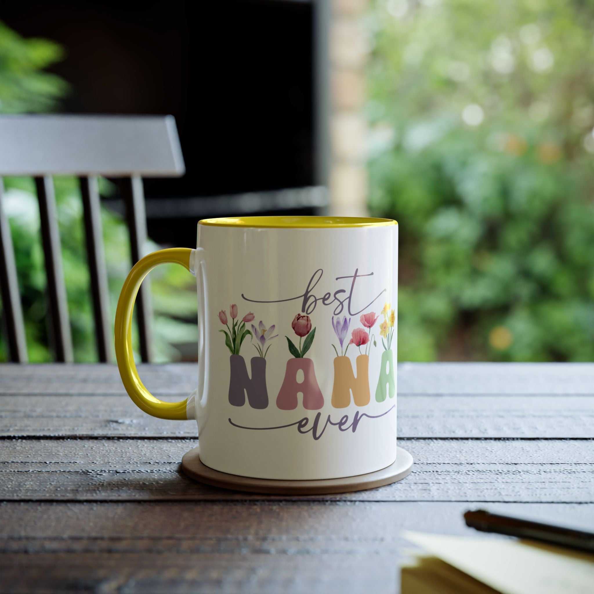 Best Nana Ever Mother's Day gift mug with floral design, yellow handle, 11oz ceramic, sublimation print.