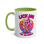 Lick Me Till Ice Cream Mug with cheeky text, glossy two-tone ceramic design, microwave and dishwasher safe