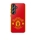 Red Manchester United magnetic Samsung Galaxy case with shockproof dual-layer protection and wireless charging compatibility