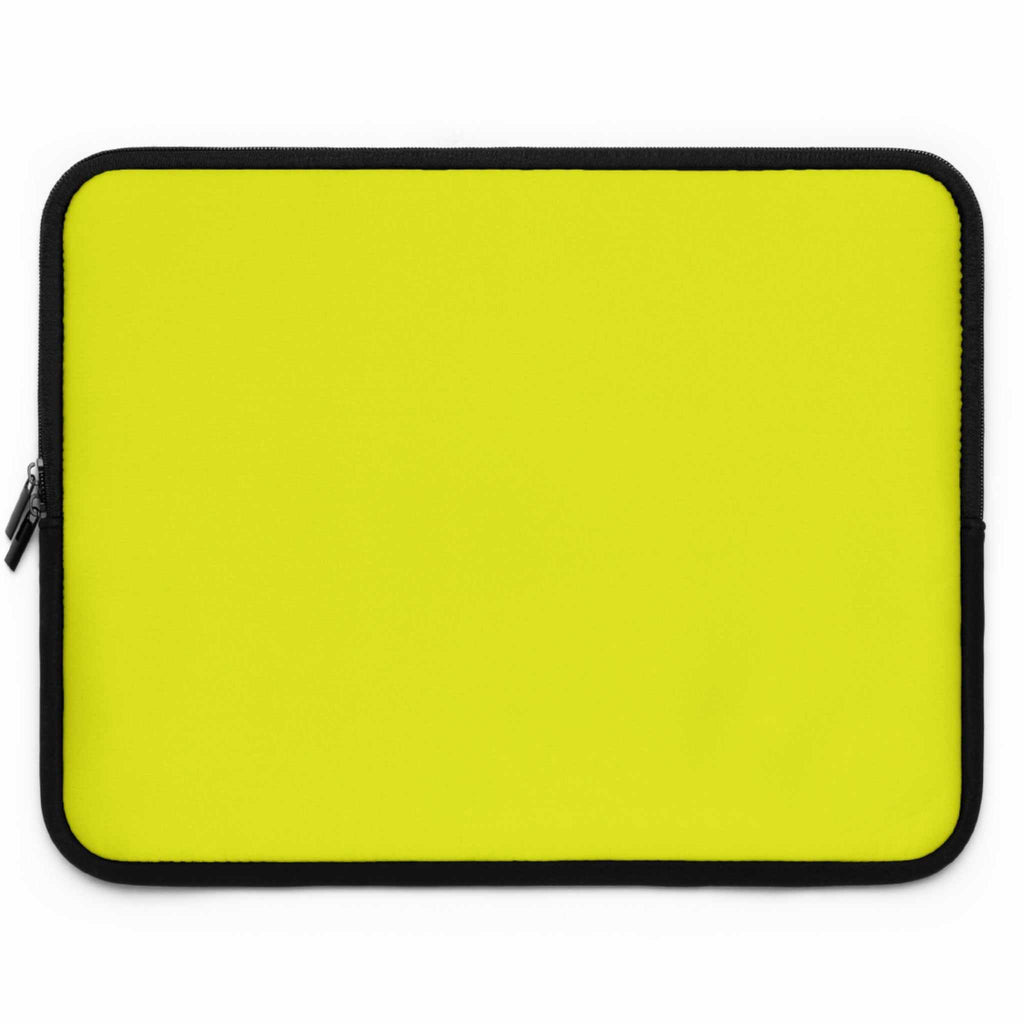 Bright yellow neoprene laptop sleeve with black trim and dual zipper, lightweight and protective