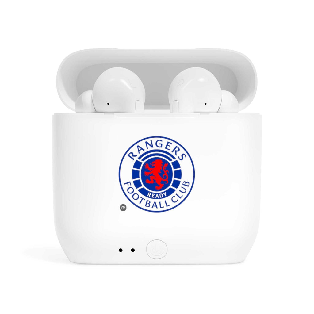 White Rangers Fc wireless earbuds with charging case featuring fan-inspired football club crest design