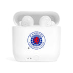 White Rangers Fc wireless earbuds with charging case featuring fan-inspired football club crest design