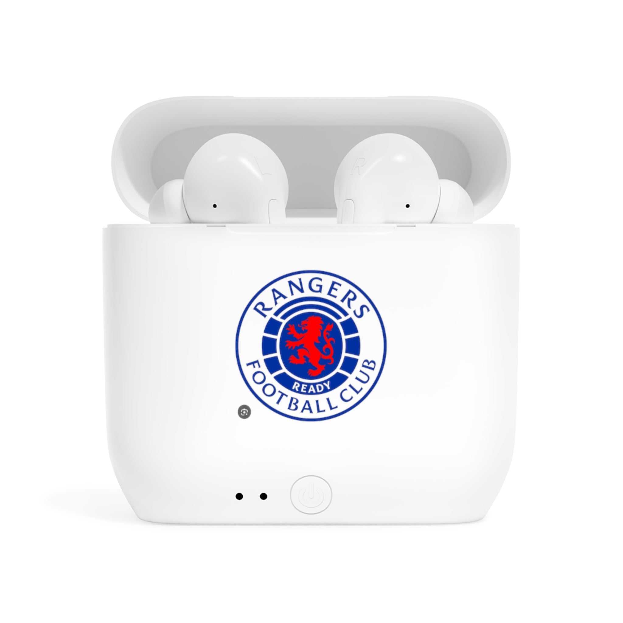 White Rangers Fc wireless earbuds with charging case featuring fan-inspired football club crest design