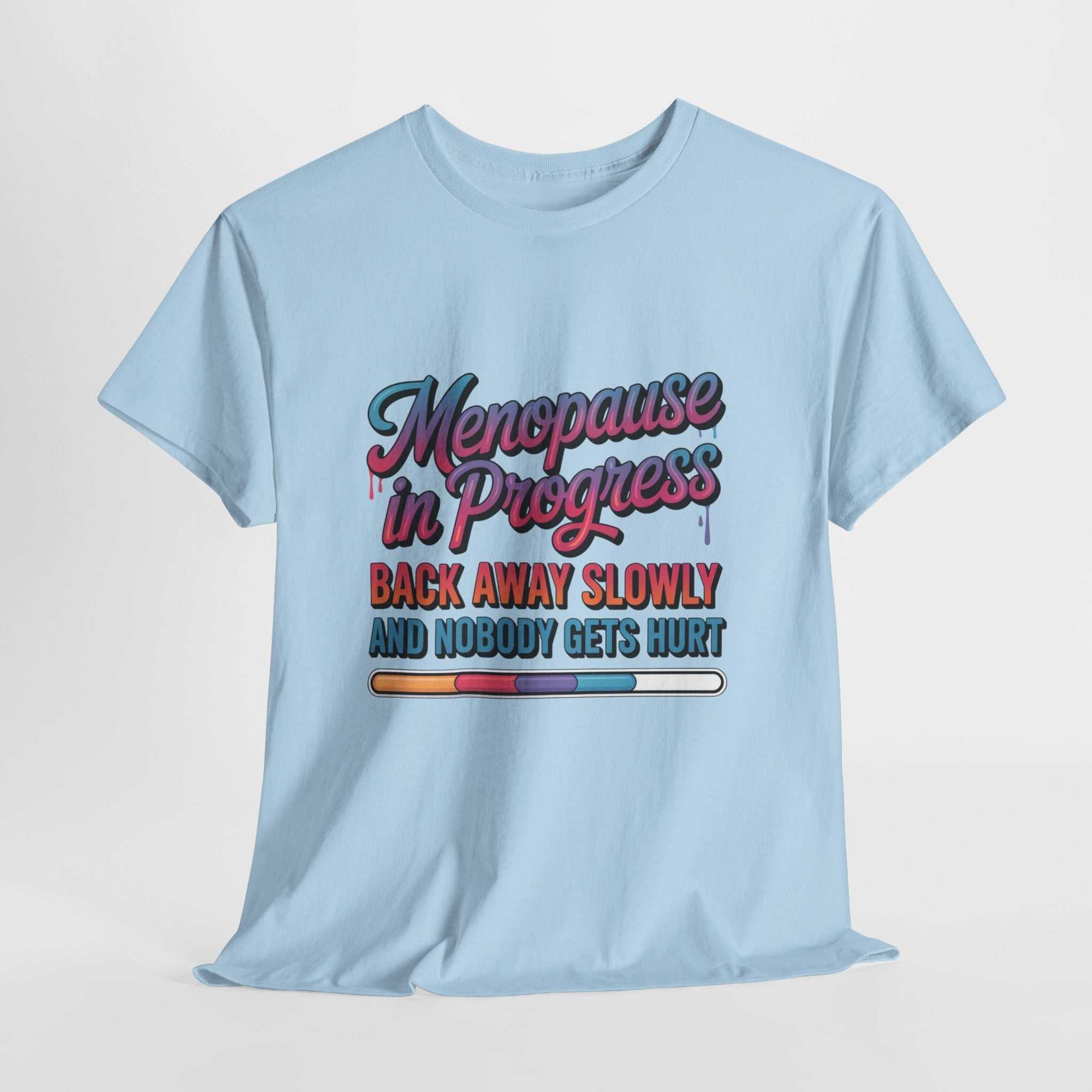 White Menopause In Progress T-Shirt with "Warning: Hot flashes loading" text and flame graphic