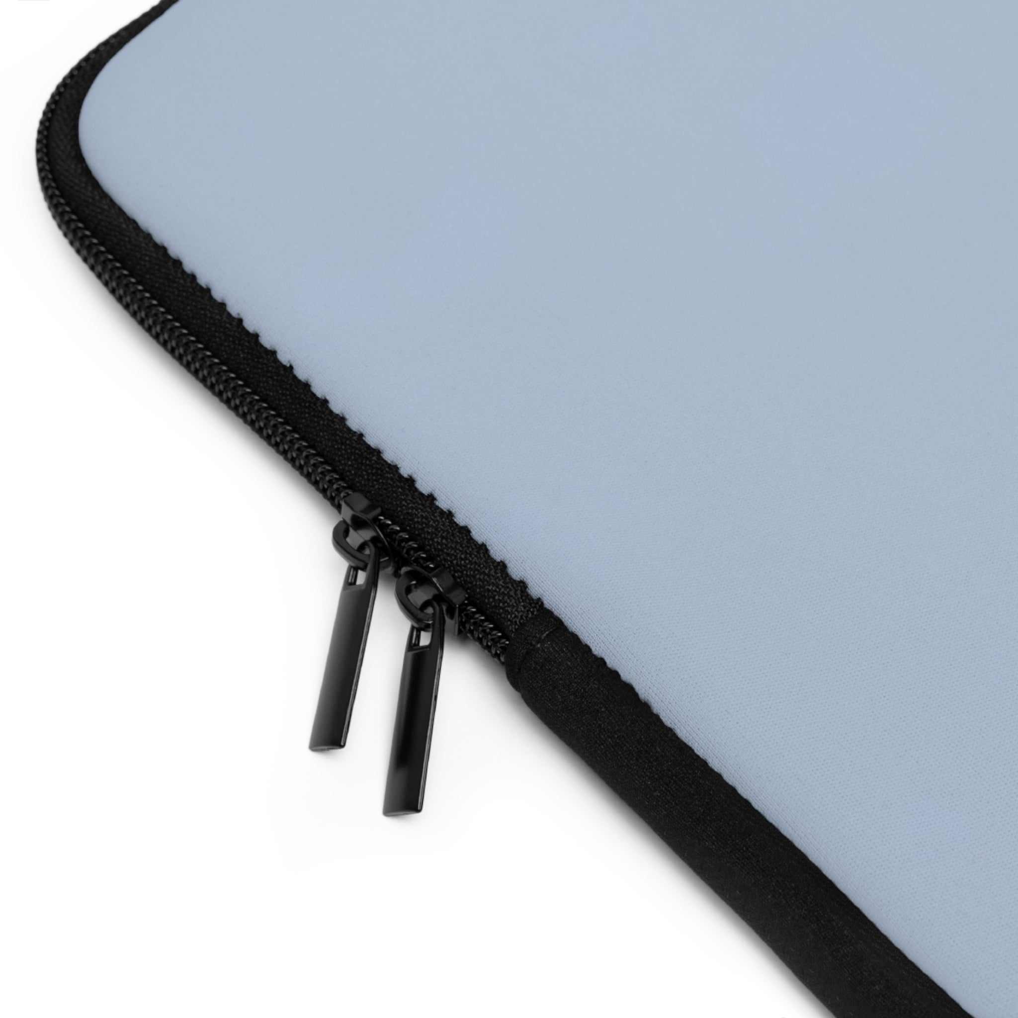 close-up of Misty Blue Laptop Sleeve with black dual zipper and neoprene material