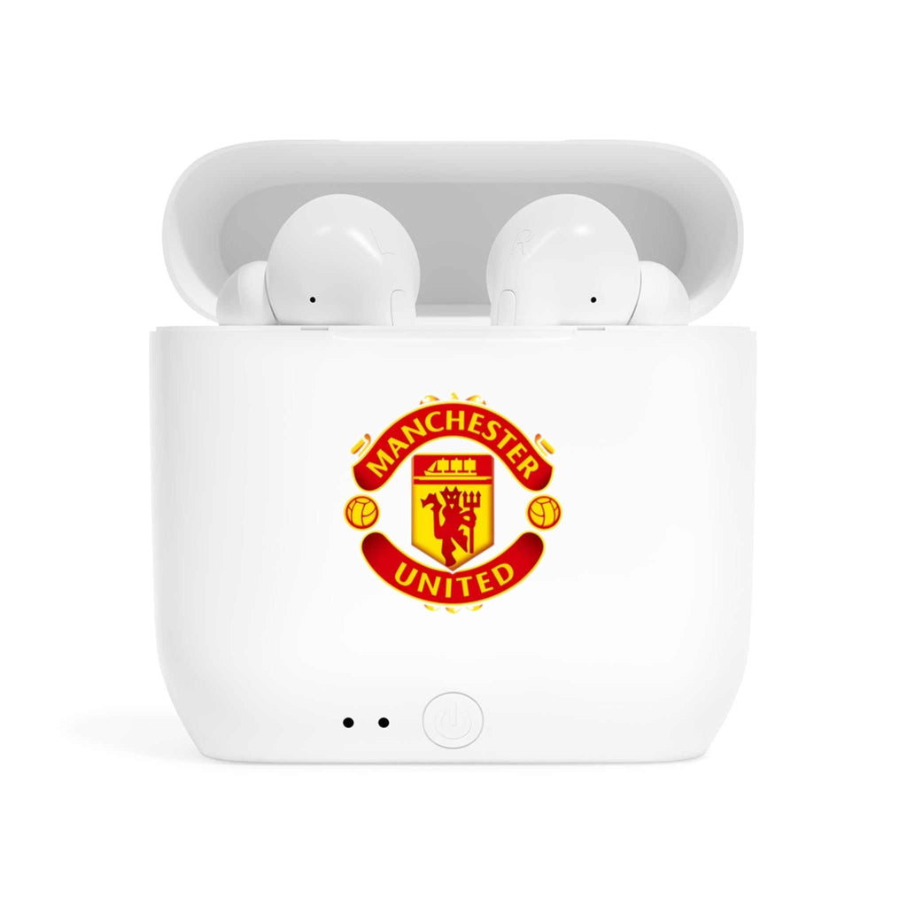 White wireless earbuds with charging case featuring fan-inspired Manchester United crest design