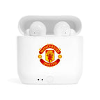White wireless earbuds with charging case featuring fan-inspired Manchester United crest design