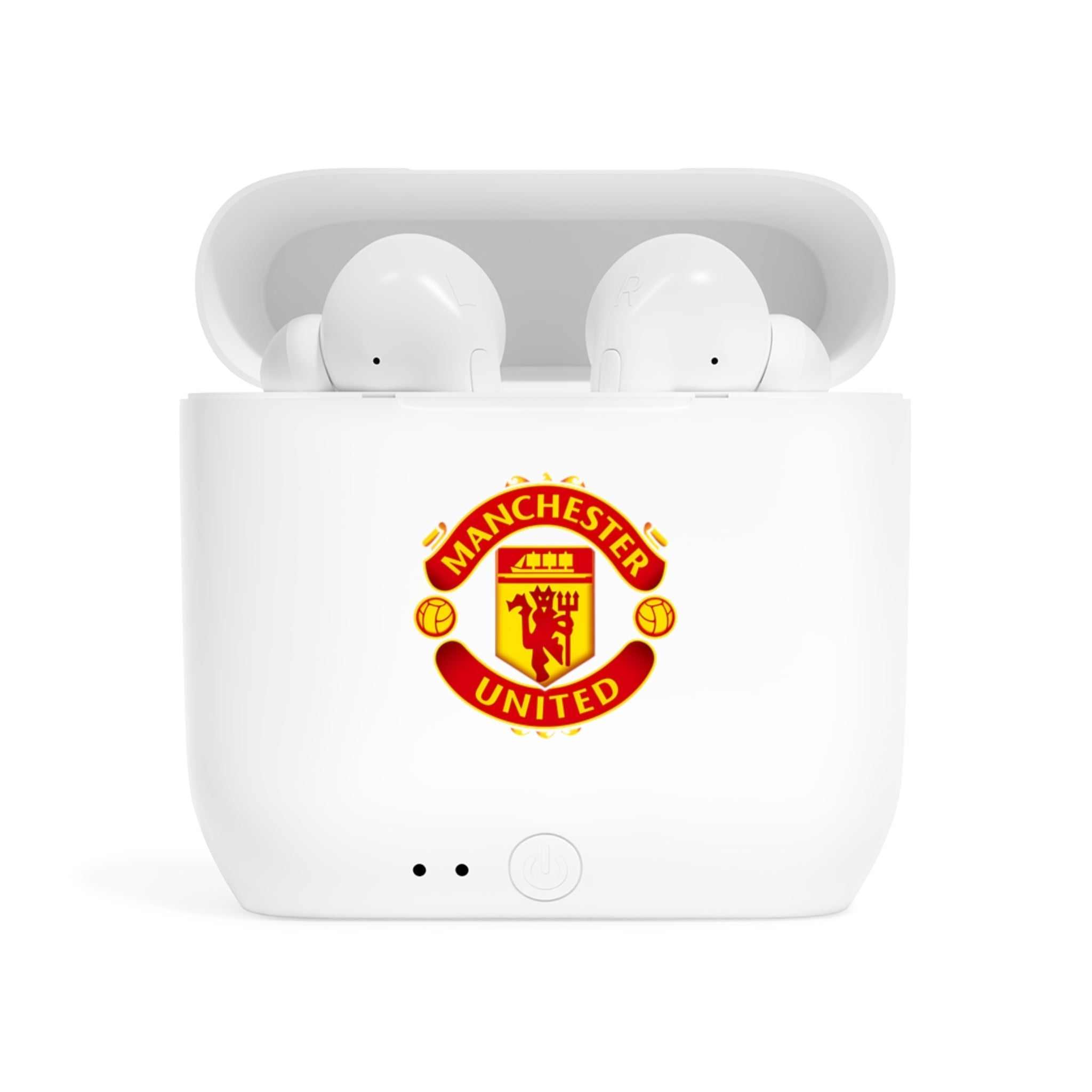 White wireless earbuds with charging case featuring fan-inspired Manchester United crest design