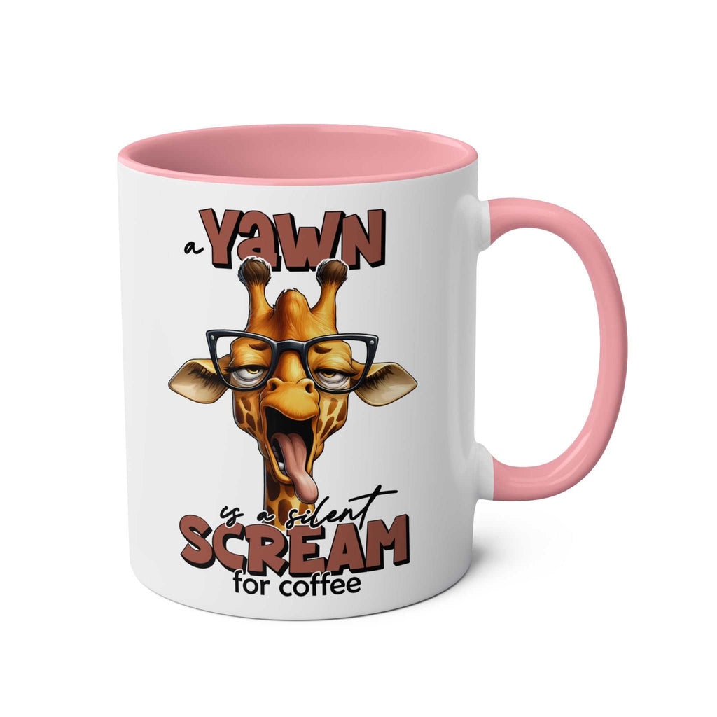 Quirky giraffe design on the Yawn Coffee Mug with pink handle and humorous text.