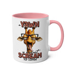 Quirky giraffe design on the Yawn Coffee Mug with pink handle and humorous text.