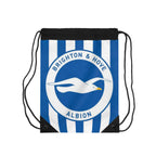 Brighton FC drawstring bag with blue and white stripes and club crest, lightweight polyester, durable and spacious for gym, school, and travel.
