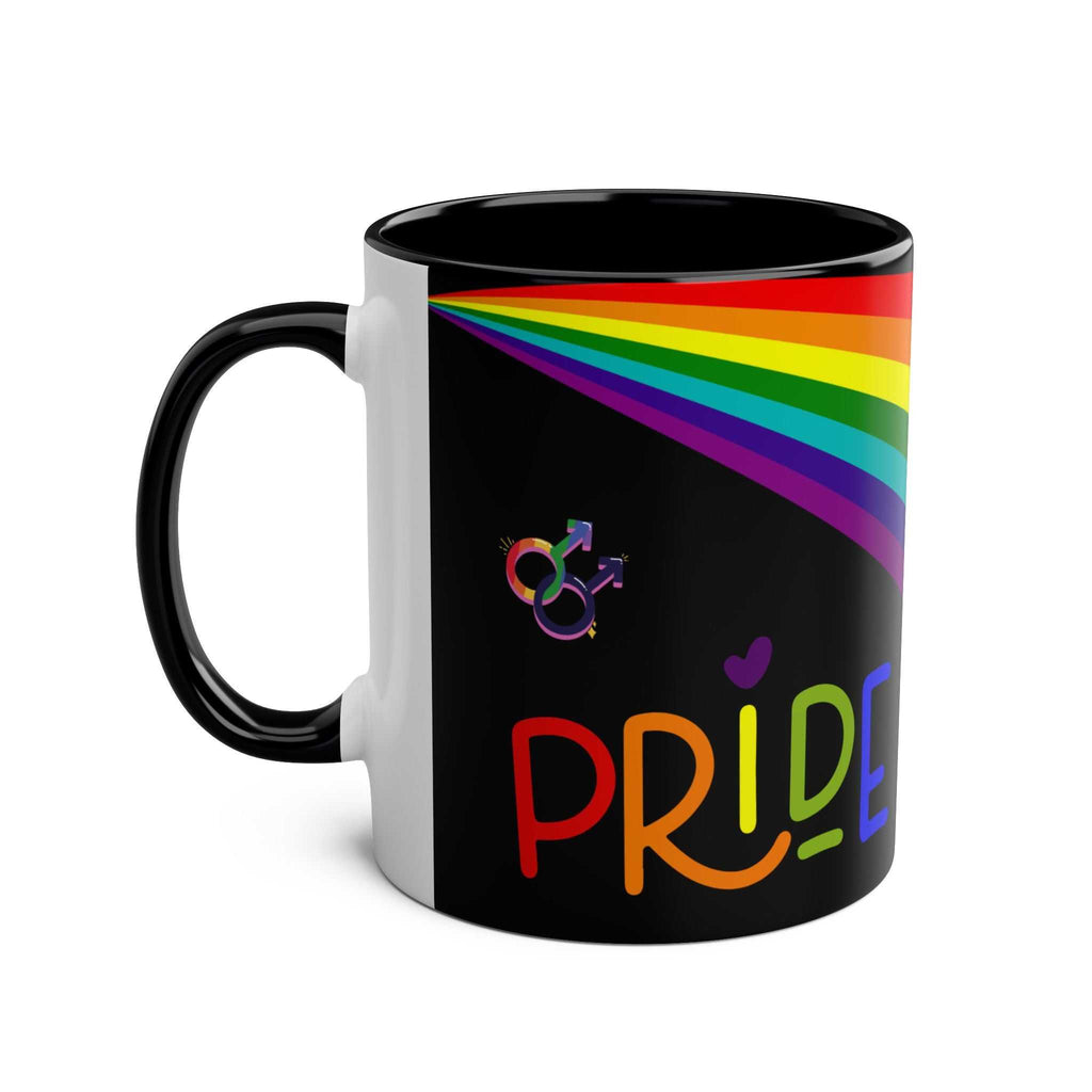 LGBTQ+ Pride Mug with vibrant rainbow design, ceramic, 11oz, glossy finish.