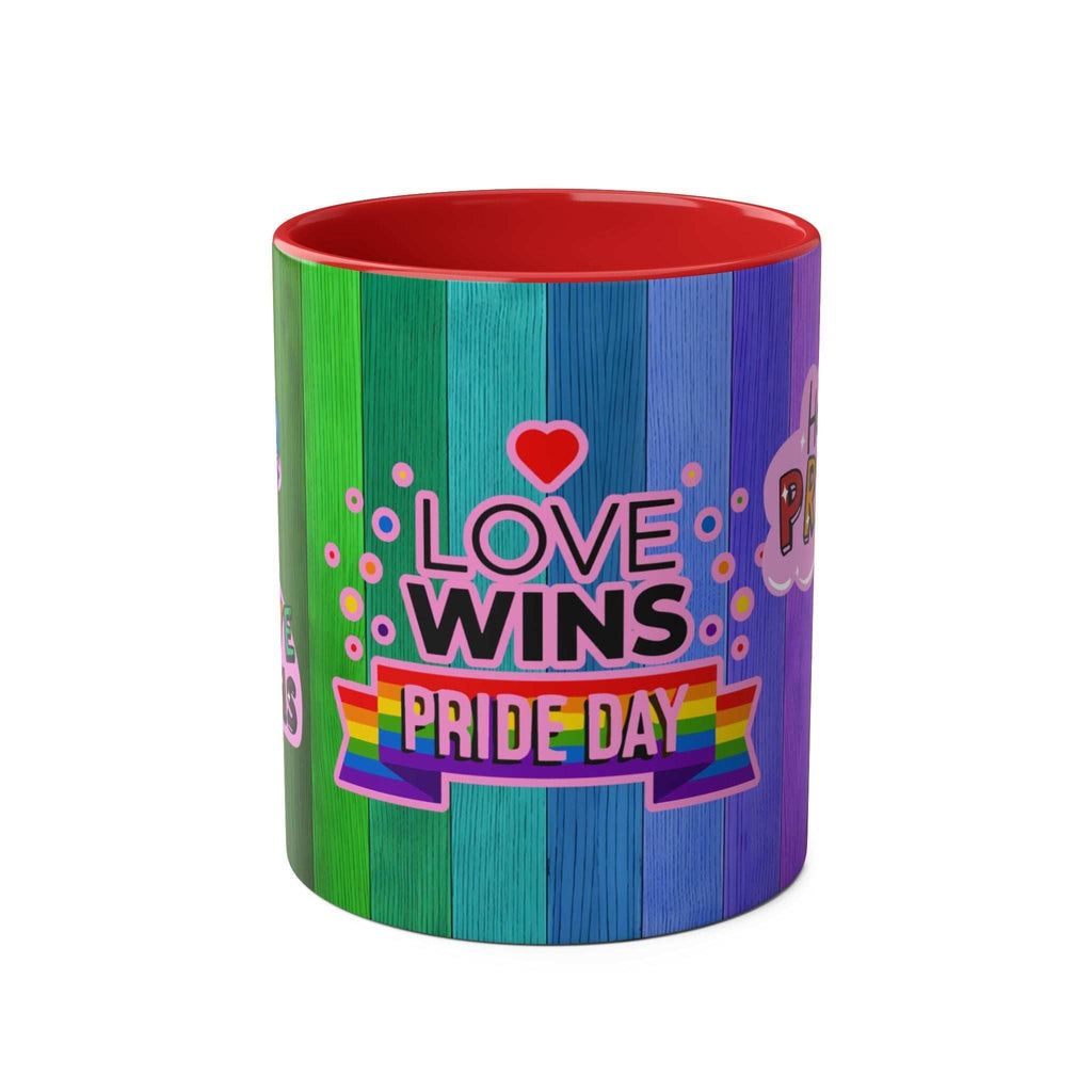 LGBTQ+ Pride mug with rainbow design, love wins message, 11oz ceramic, glossy finish.