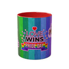 LGBTQ+ Pride mug with rainbow design, love wins message, 11oz ceramic, glossy finish.