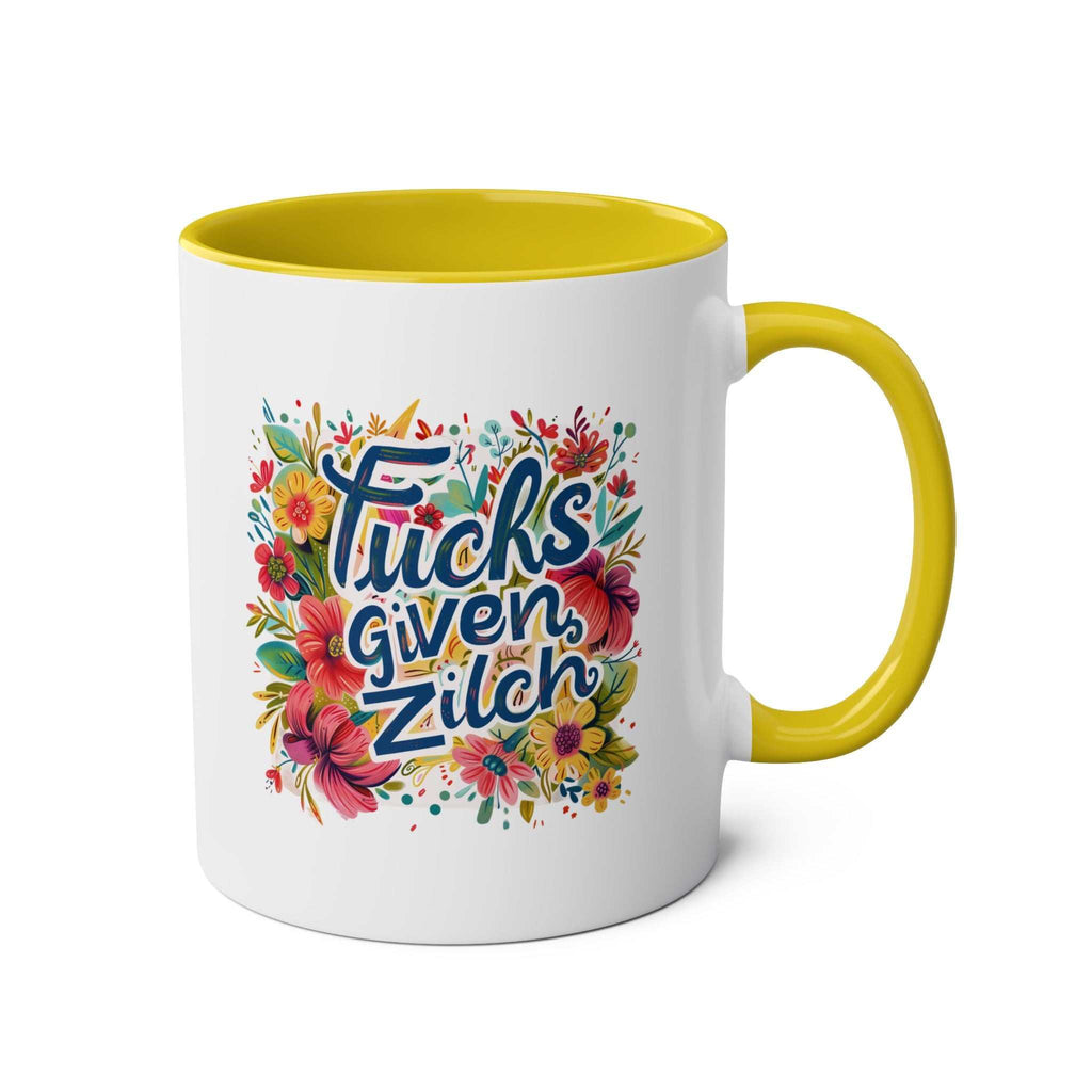 Fucks Given Zilch Coffee Mug with colorful floral design and yellow interior.