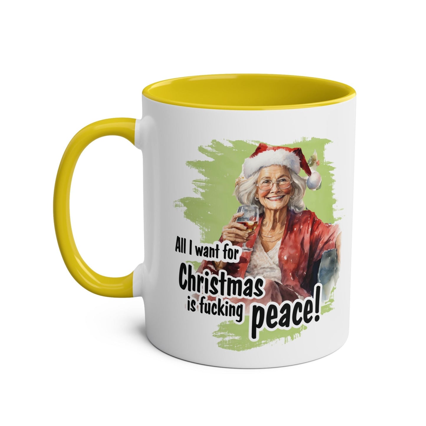 Sweary Granny Christmas Mug with festive design, yellow interior, and cheeky holiday message.