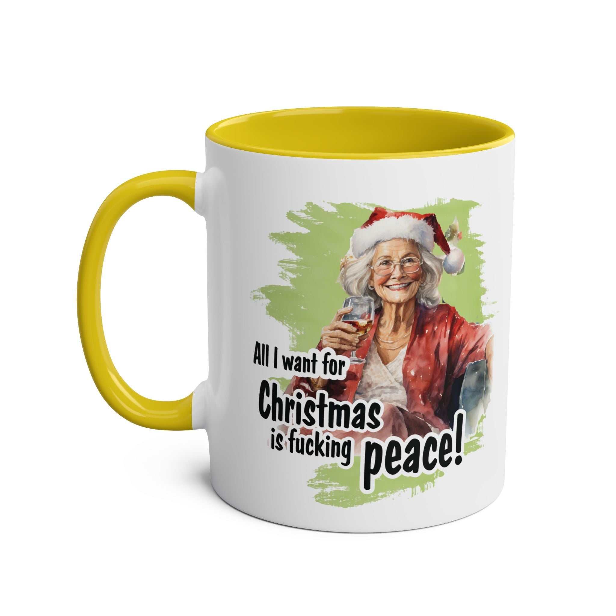 Sweary Granny Christmas Mug with festive design, yellow interior, and cheeky holiday message.
