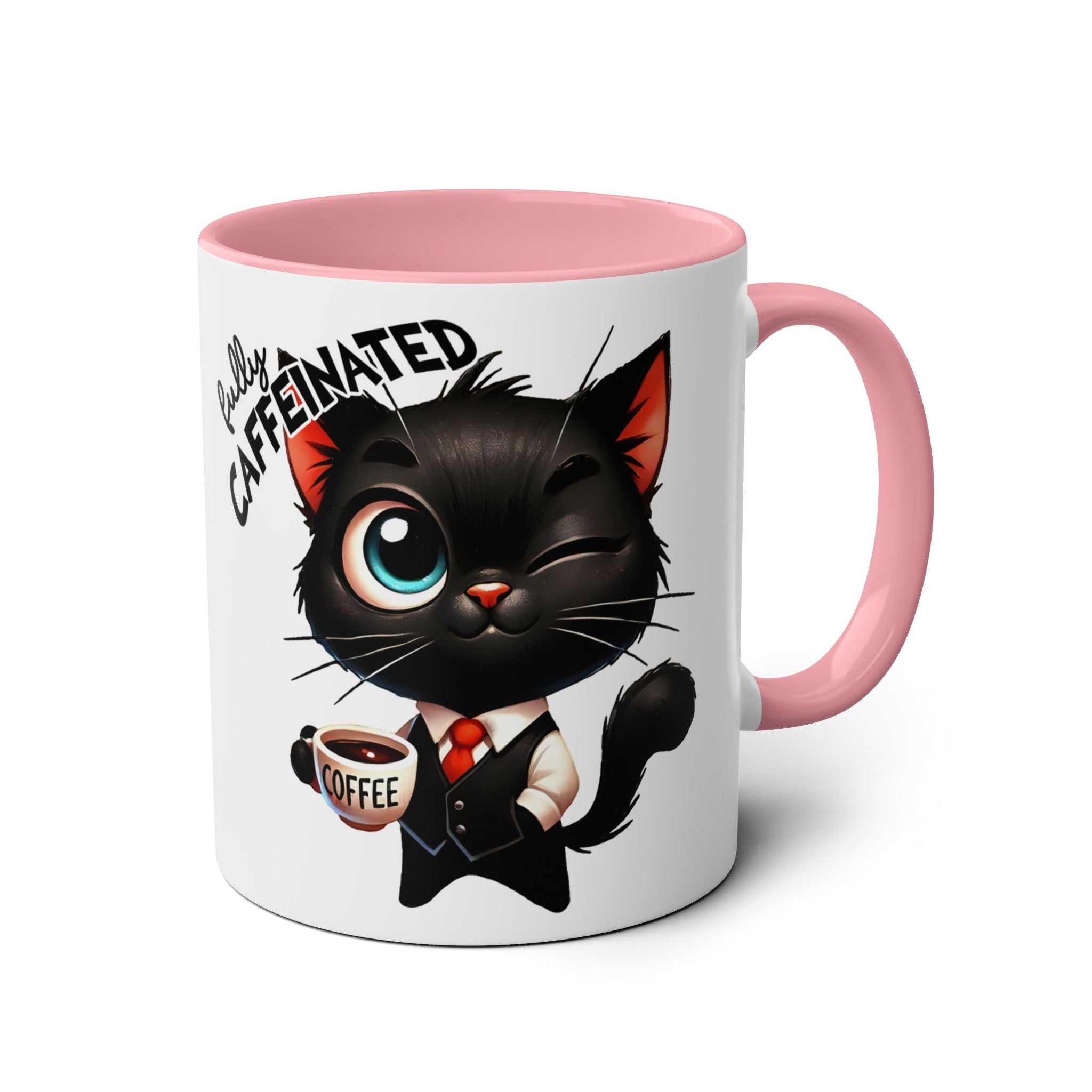 Cartoon cat winking on a fun sarcastic coffee mug with pink handle.
