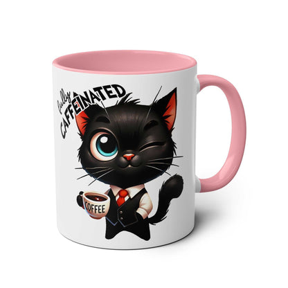 Cartoon cat winking on a fun sarcastic coffee mug with pink handle.