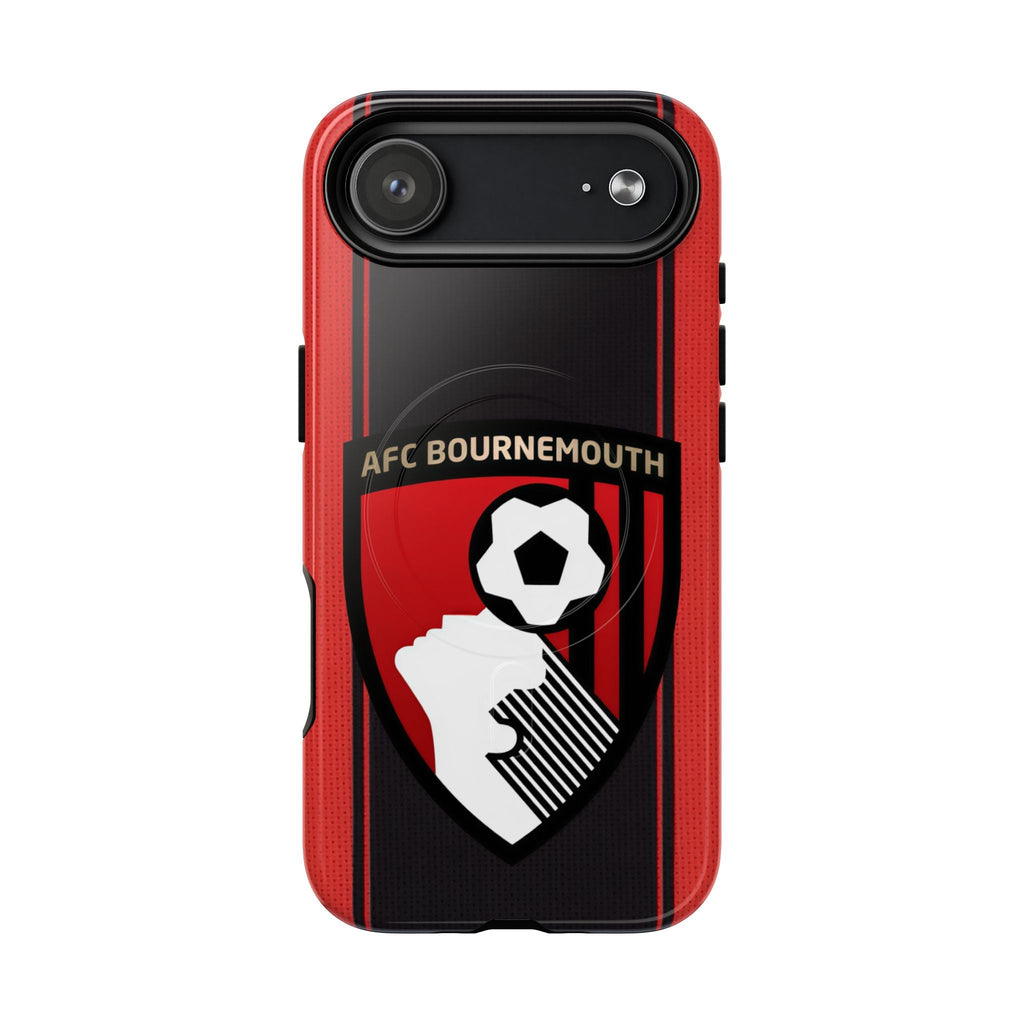 AFC Bournemouth MagSafe iPhone case with red and black colors and club crest, dual-layer protection, and MagSafe compatibility
