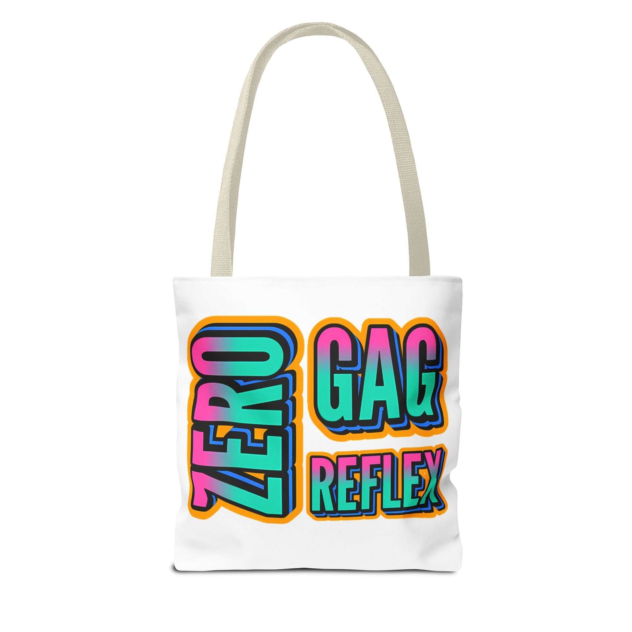 Zero Gag Reflex Tote Bag with cheeky design, durable spun polyester, multiple sizes and handle colors, perfect for errands and casual outings