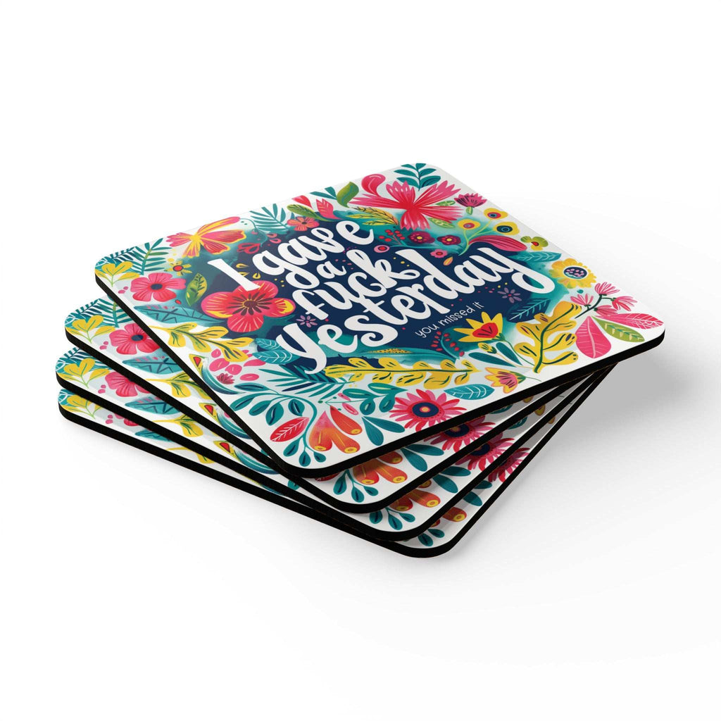 Colorful "I Gave A Fuck Yesterday" coaster set with floral design, high-gloss finish, cork back, and rounded corners.