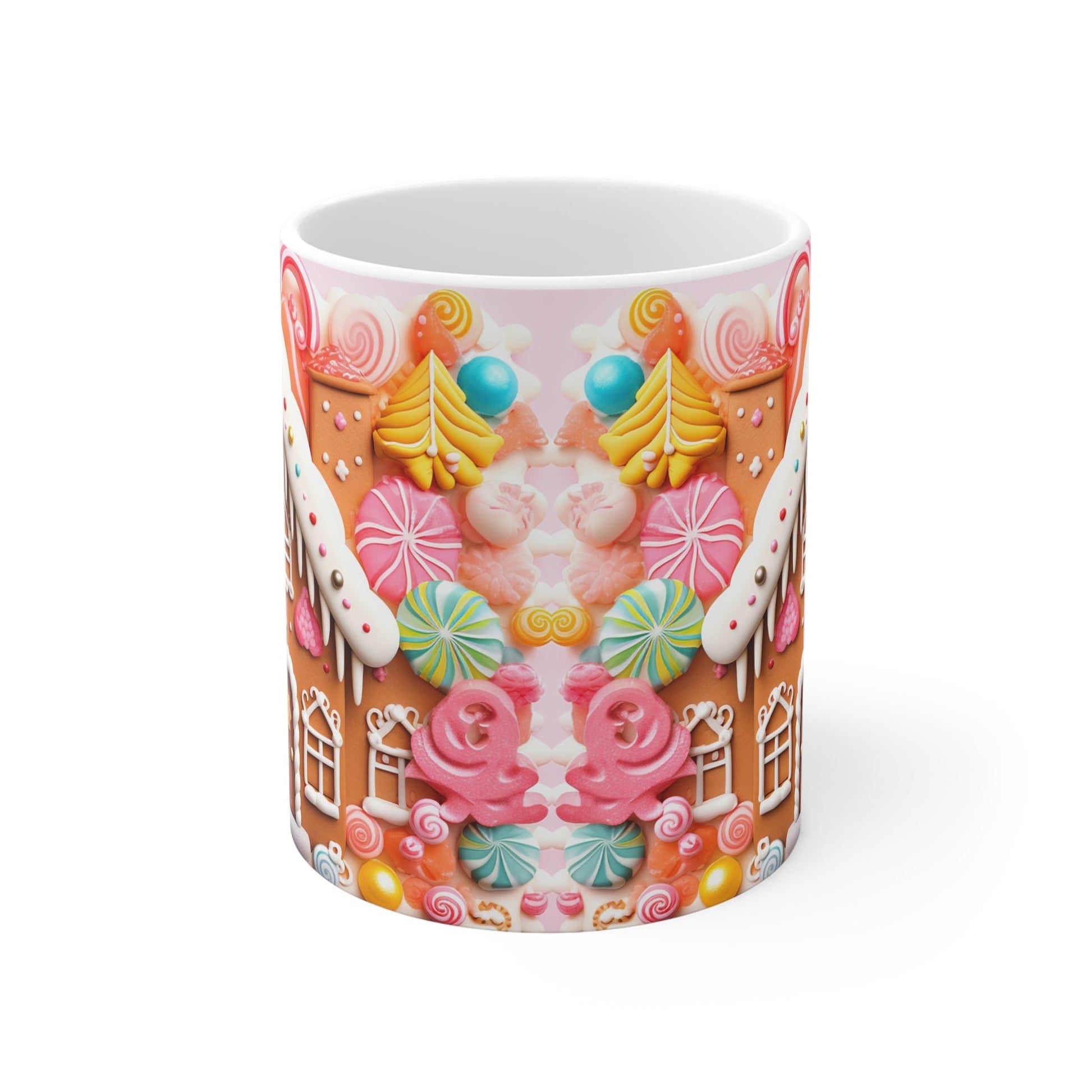 Gingerbread House Christmas Mug with festive design, sublimation print, and glossy finish.