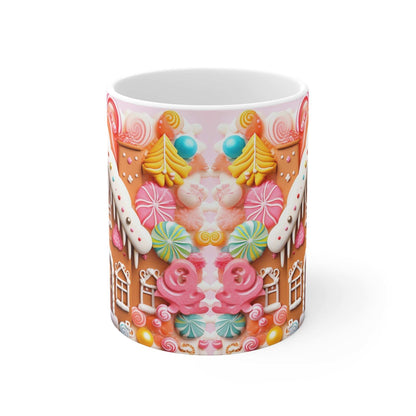 Gingerbread House Christmas Mug with festive design, sublimation print, and glossy finish.