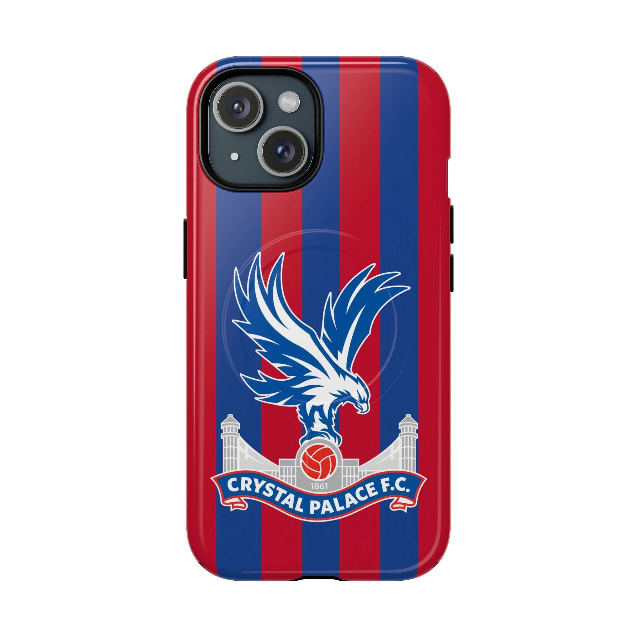 Crystal Palace MagSafe iPhone case with red and blue stripes and club crest, dual-layer protection and wireless charging compatible