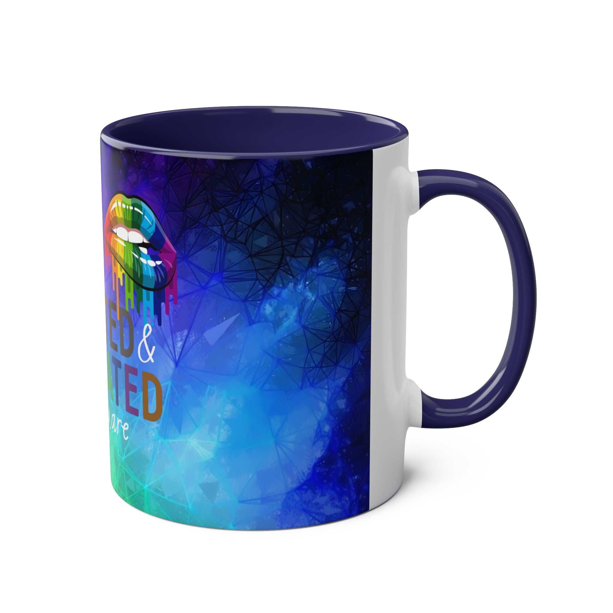 LGBTQ+ Pride Mug with vibrant rainbow design, ceramic, 11oz, glossy finish.