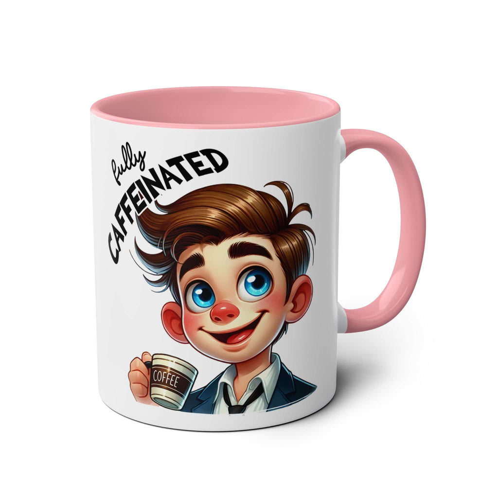 Fun sarcastic coffee mug with cartoon character and "fully caffeinated" text, pink handle, glossy finish, 11oz ceramic, microwave and dishwasher safe.