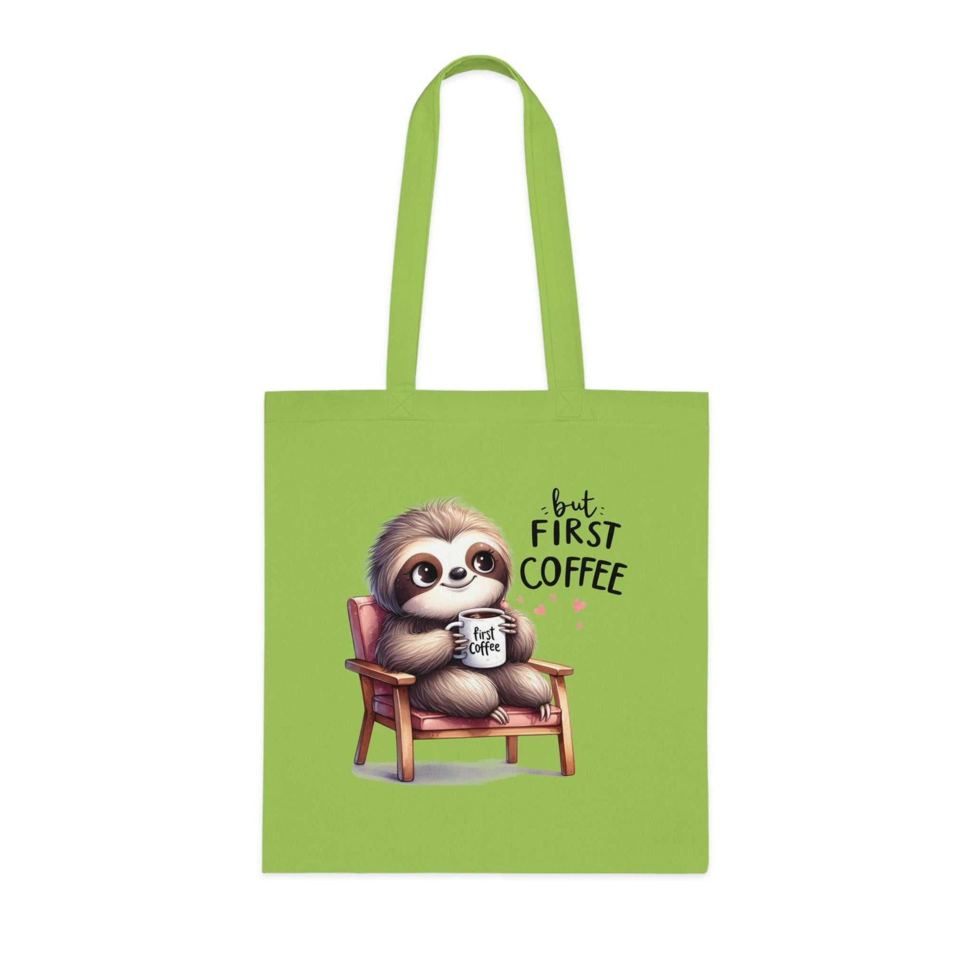 Cotton tote with cute sloth design on a green background, perfect for essentials.