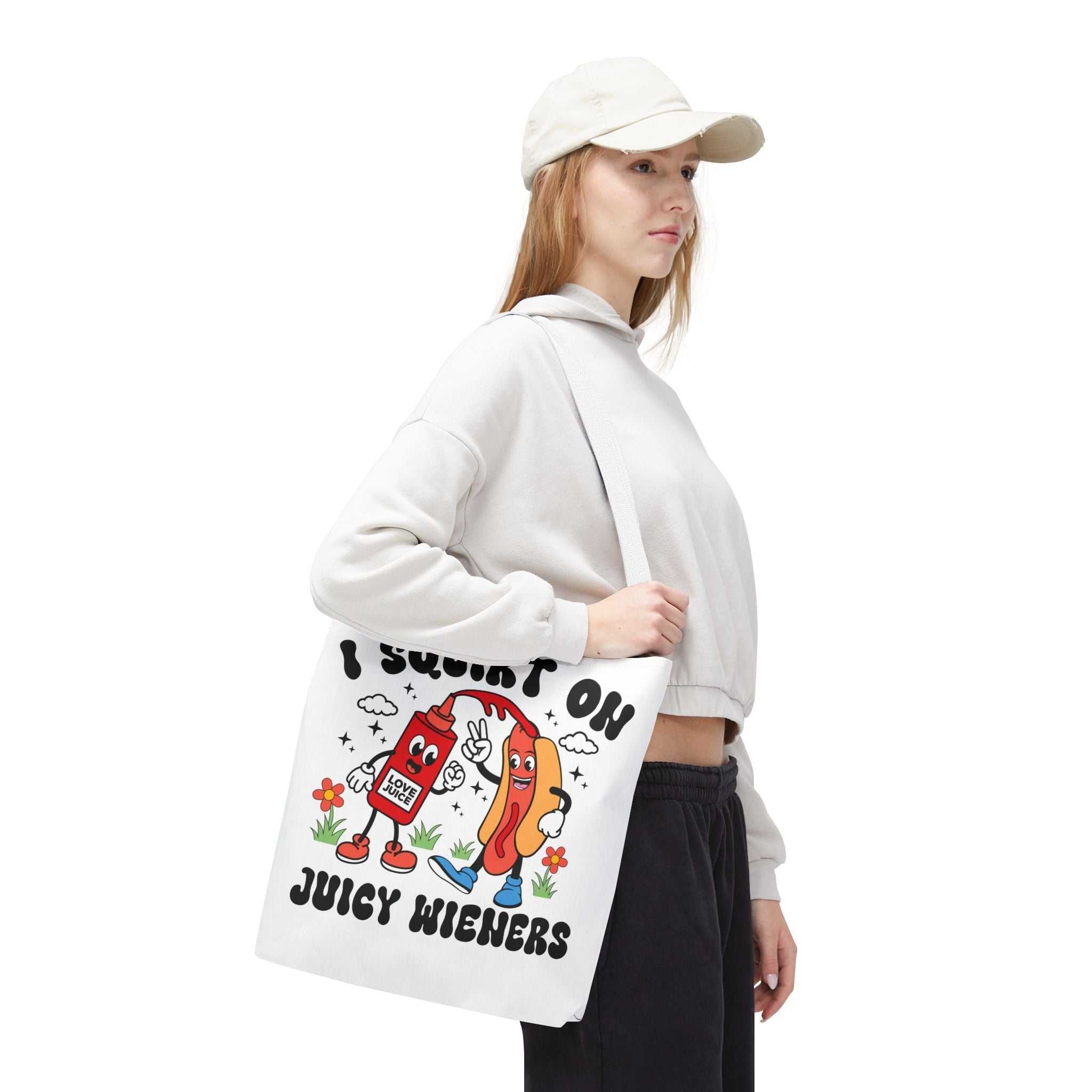Cheeky Juicy Wieners Fun Tote Bag with hot dog design and cotton straps