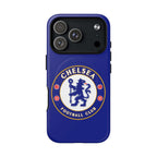 Chelsea FC MagSafe iPhone case with royal blue color and club crest, dual-layer protection, and wireless charging compatible