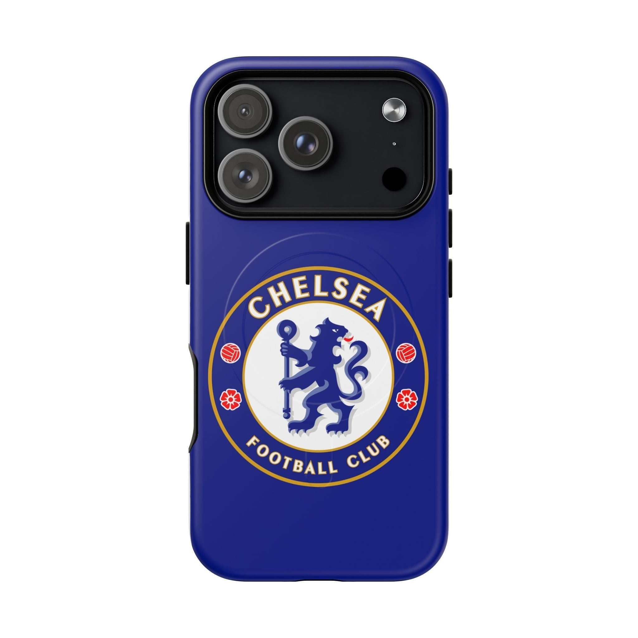 Chelsea FC MagSafe iPhone case with royal blue color and club crest, dual-layer protection, and wireless charging compatible