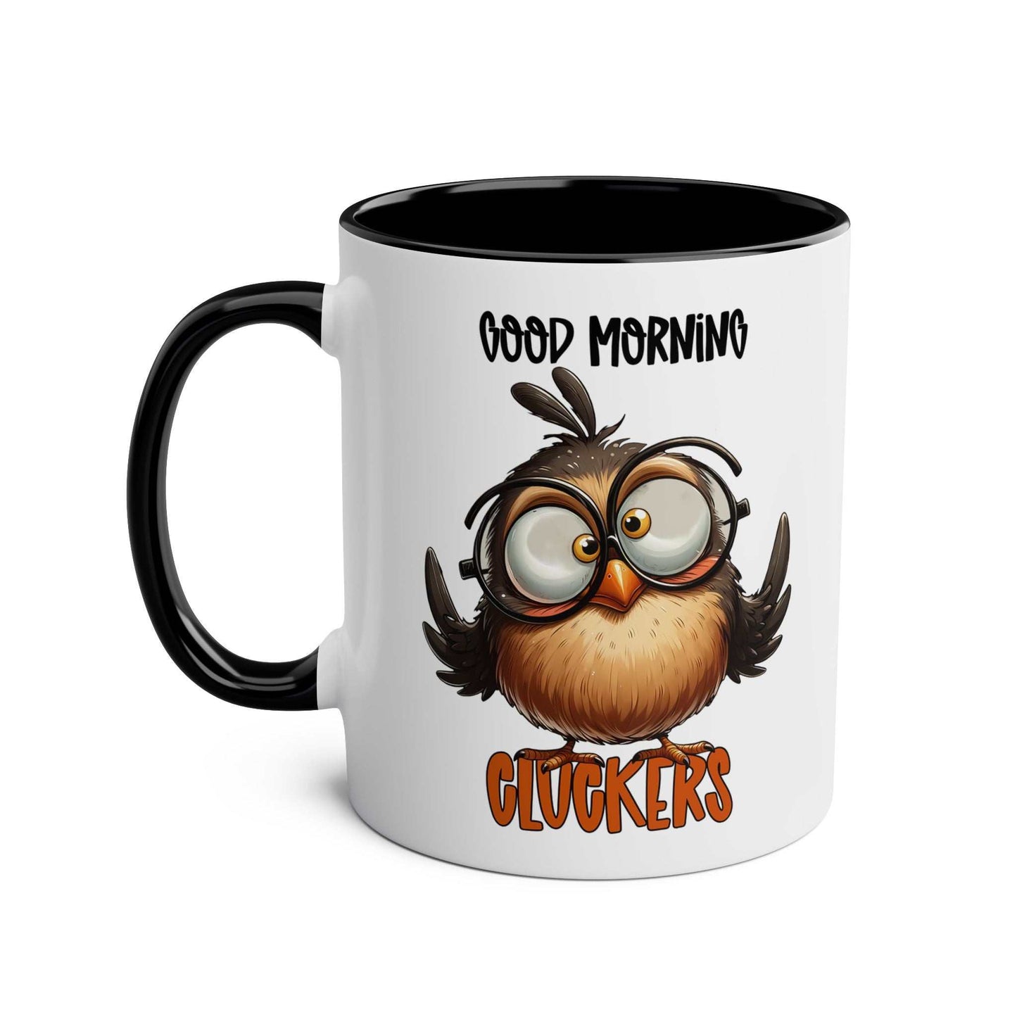 Morning Cluckers Coffee Mug with funny owl design, available in 7 colors, 11oz ceramic.